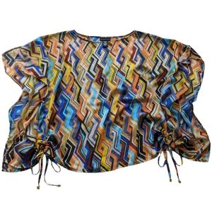 Apostrophe Vibrant Flowy Chiffon Blouse Split Sleeve Cinch Tie Blouse